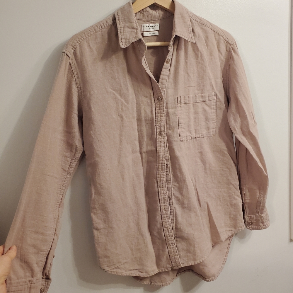 Community XS Linen Button Down Shirt Tan Cotton Relaxed Fit Top Longsleeve Boho